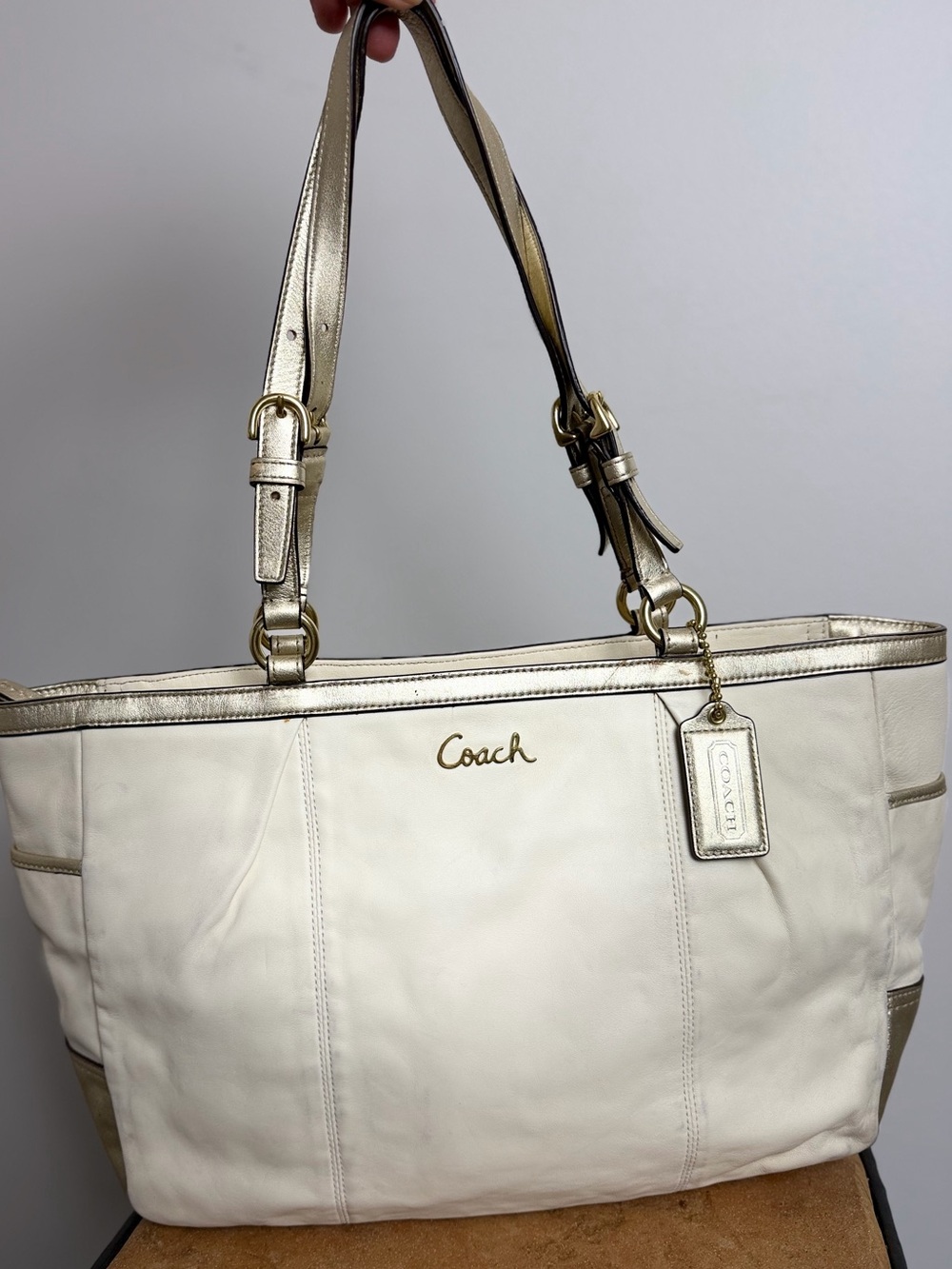 Coach White Leather Tote Gold Metallic Trim F17722